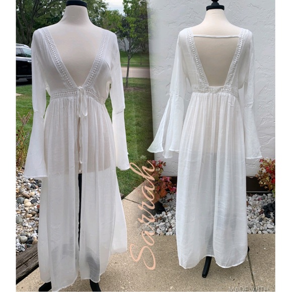 New Boho Flowy Mesh Lace Tie Maxi Kimono Dress Duster Jacket Robe Swim Cover Up - Picture 8 of 16